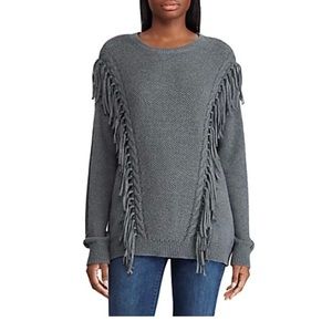 LRL Fringed Cotton Pullover Sweater Southwestern Boho Mixed Knit Pattern